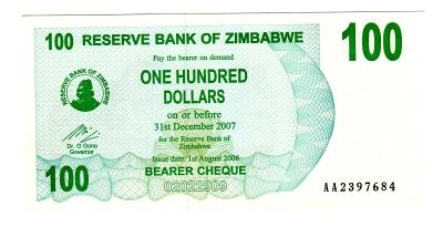 Zimbabwe -  100 Dollars 2007 - UNC.