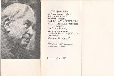 Jaroslav Seifert básník, poděkování pozůstalých k úmrtí, leden 1986