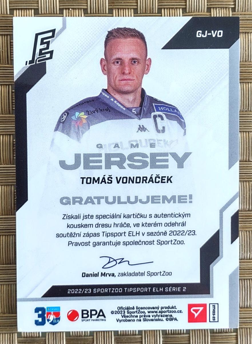 Tomáš Vondráček GAME JERSEY 11/99 Tisport Extraliga 2022/23 - Hokejové karty