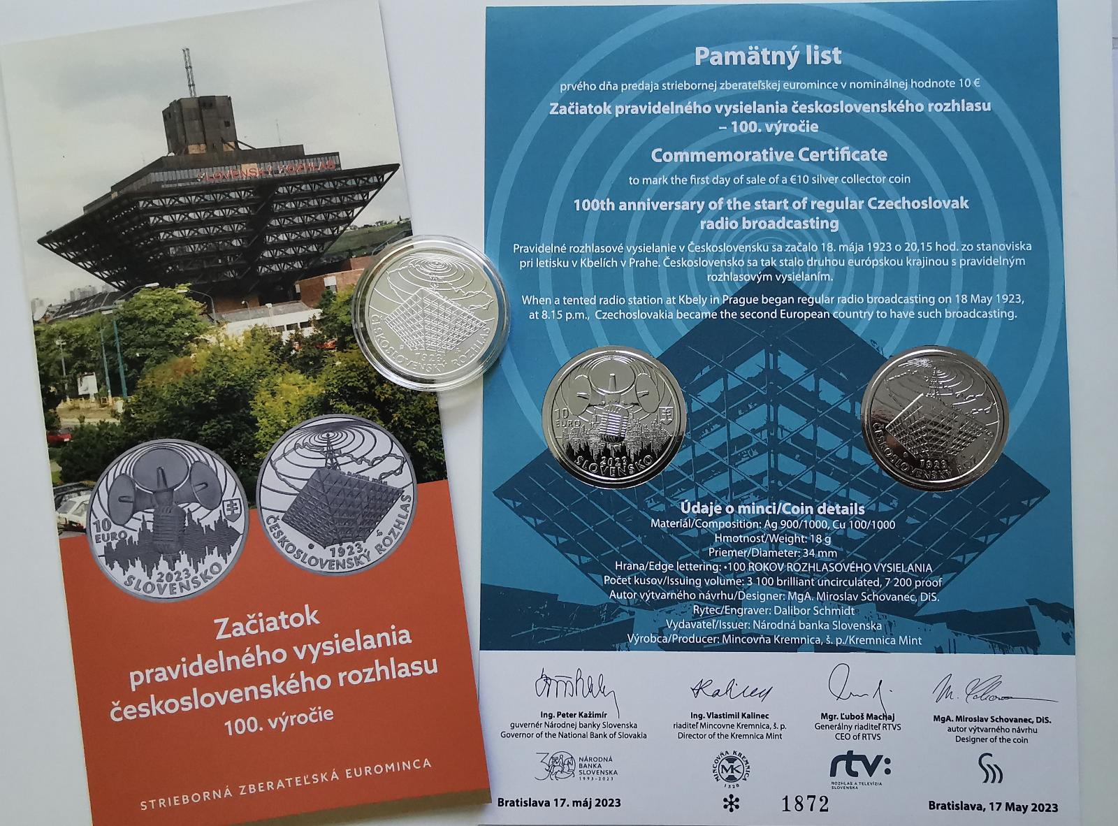 10€/2023 SR BU + PL - 100. výročie československého rozhlasu - Numizmatika