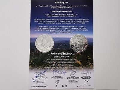 Pamětní list 20€/2020 - Chránená krajinná oblasť Poľana, 2 podpisy