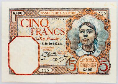 (B-227) Alžírsko, 5 Francs 1933, VF