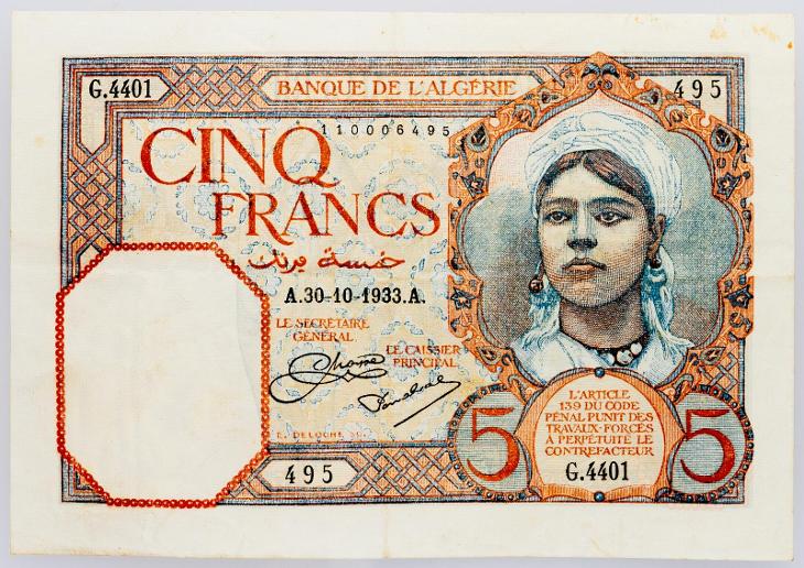 (B-227) Alžírsko, 5 Francs 1933, VF - Sběratelství
