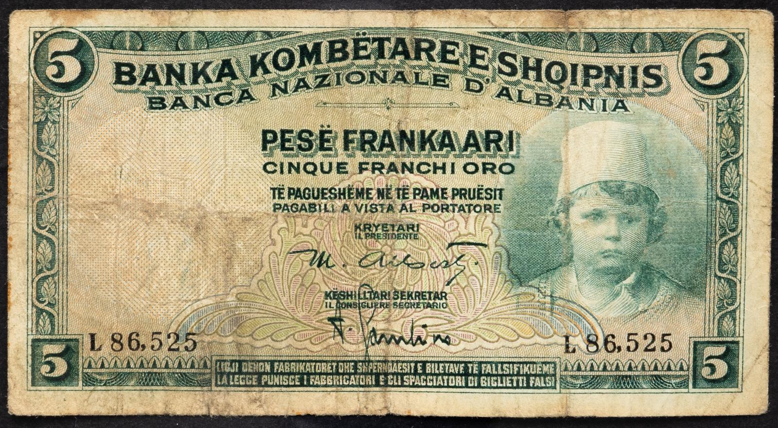 (B-3886) Albánie, 5 Franka Ari 1926, VG - Bankovky