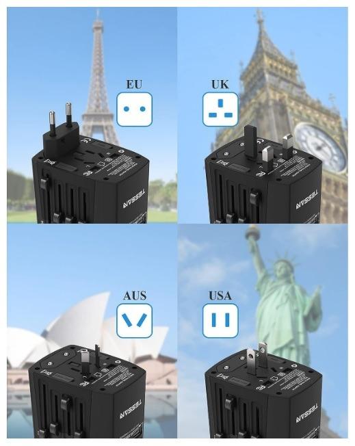 Univerzální cestovní adaptér Tessan - 4 různé zástrčky 250V a 4x USB - Elektro