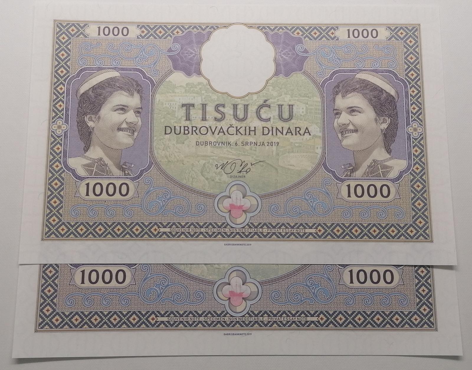 2 x 1000 dinárů Dubrovník 2019 A. 01 + R. 01 000344 papír stav UNC - Sběratelství