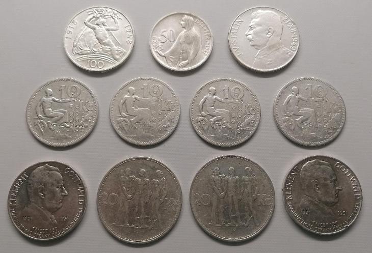 11 x stříbrná mince Československo, celková váha 129,45 gramu - Numismatika