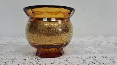 Starožitná ambrová skleněná váza s oroplastikou č.1 4130