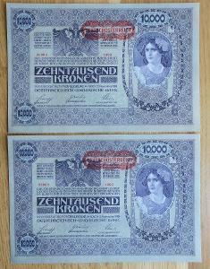 10000 korun 1918 s přetiskem, stav UNC, 2 ks, postupka 