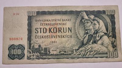 Bankovka 100 Kčs z r. 1961, série D 24, zachovalý stav