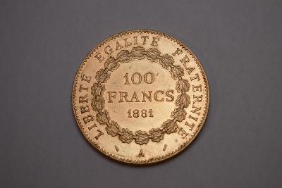 Zlatý 100 Frank 1881 A - Anjel - Francúzsko - Vzácny!