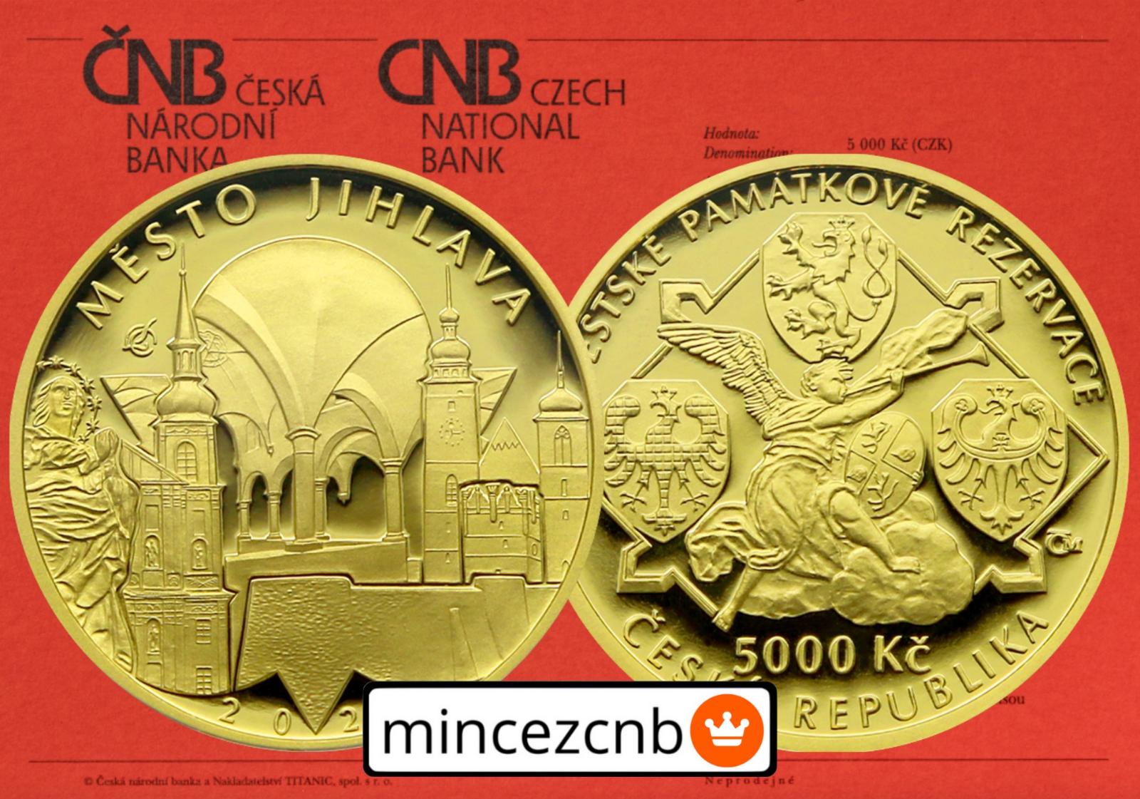 Od 1 Kč € Zlatá minca ČNB 5000 Kč Mesto JIHLAVA 2021 PROOF - Numizmatika
