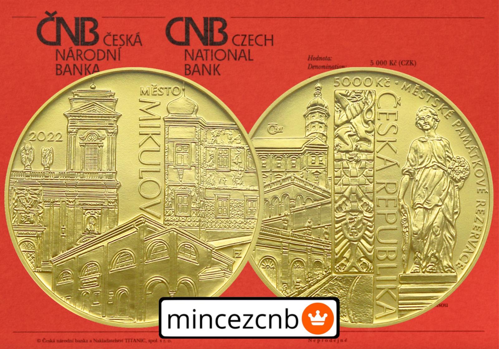 Od 1 Kč € Zlatá minca ČNB 5000 Kč Mesto MIKULOV 2022 BK  - Numizmatika