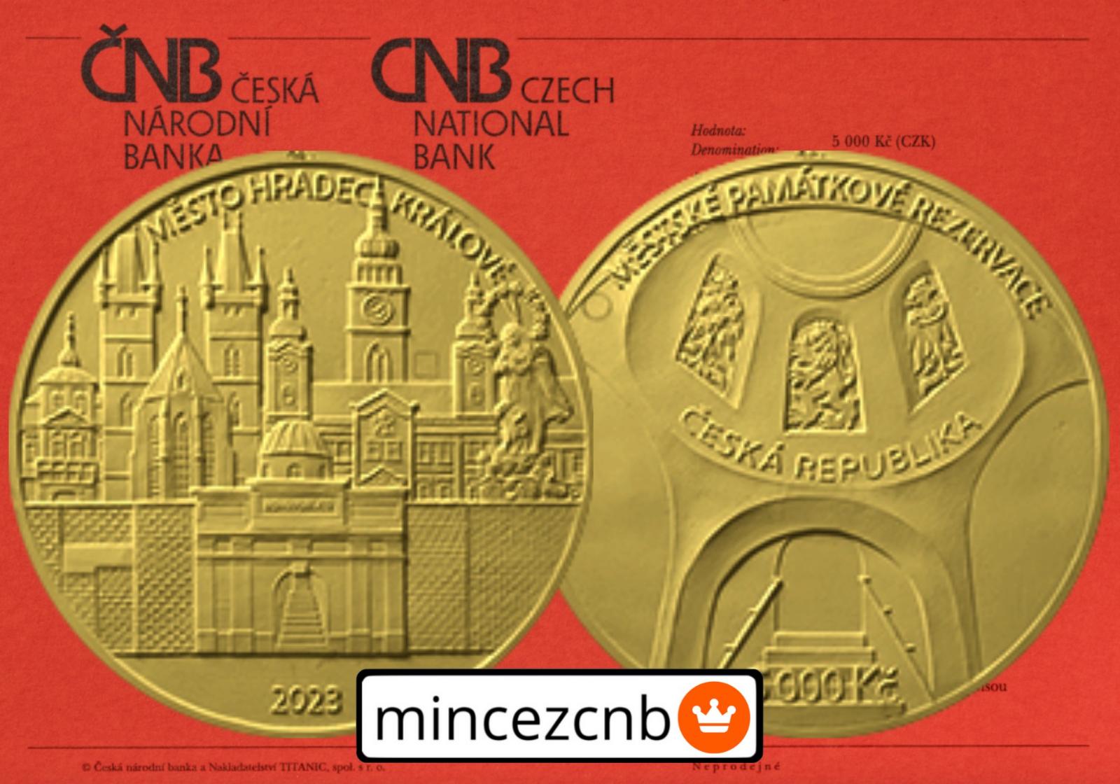Od 1 Kč Zlatá mince ČNB 5000 Kč Město HRADEC KRÁLOVÉ 2023 PROOF - Numismatika