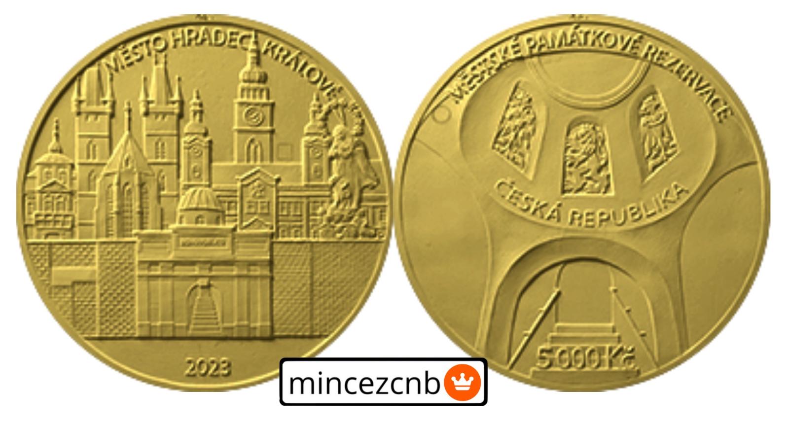 Od 1 Kč Zlatá mince ČNB 5000 Kč Město HRADEC KRÁLOVÉ 2023 PROOF - Numismatika