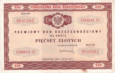 Polsko, spořicí poukázka, 500 zlotých, 1971, VF