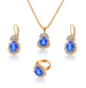 Zlatá retiazka náhrdelník náušnice prstienok s modrým kamienkom súprava