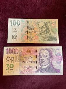 Výroční bankovka ČNB  s přítiskem 100 (2019) + 1000 (2023) Kč, UNC