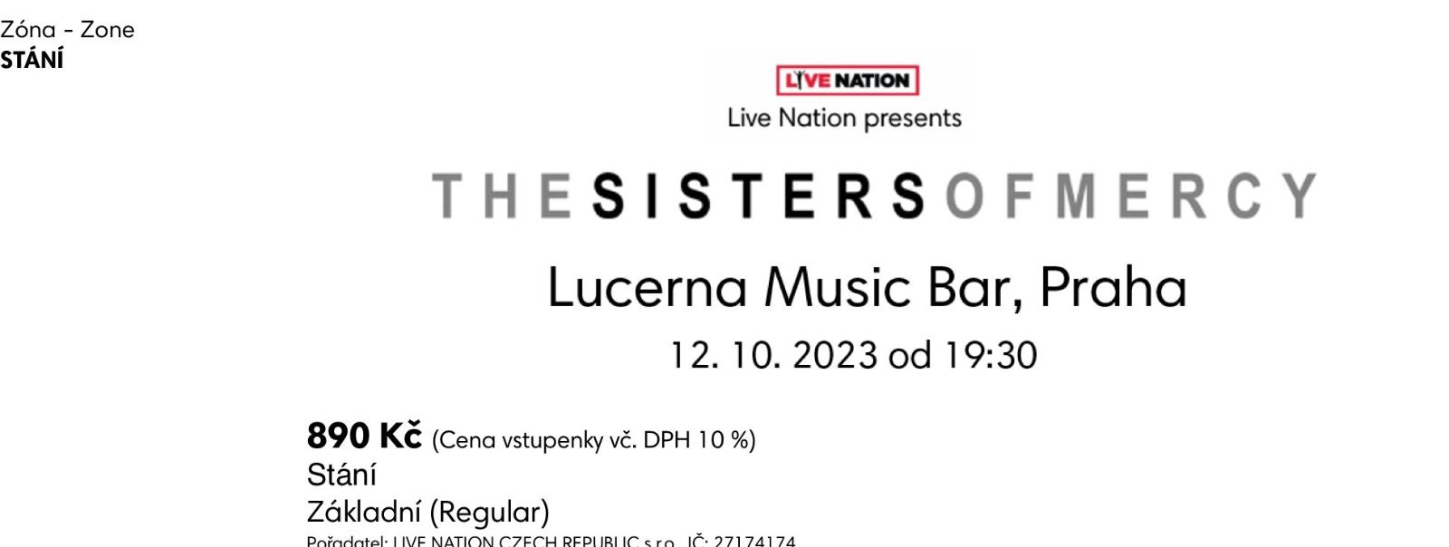 Lístok na koncert SISTERS OF MERCY 12.10.2023 Lucerna Music Bar - Zábava