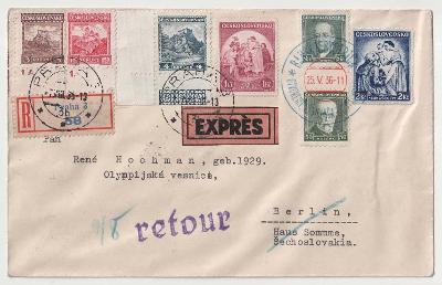 ČSR I., OH Berlín 1936, R-Ex dopis zaslaný do Olympijské vesničky
