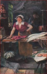 Žena * prodavačka ryb, jídlo, umělecká, sign. Skramlík * M2819