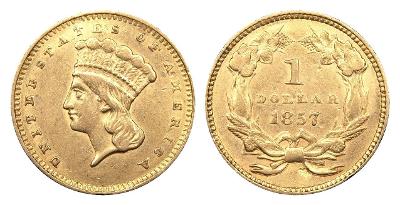 1 Dollar 1857 ! Large Indian Head  –  Vzácná zlatá mince