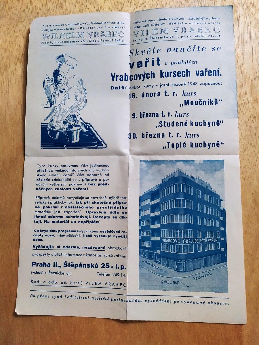 Starý reklamný leták - kurz varenia Viliam Vrabec 1943 - Starožitnosti a umenie