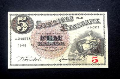 5 korun Svedsko 1948 ve stavu aUNC !!