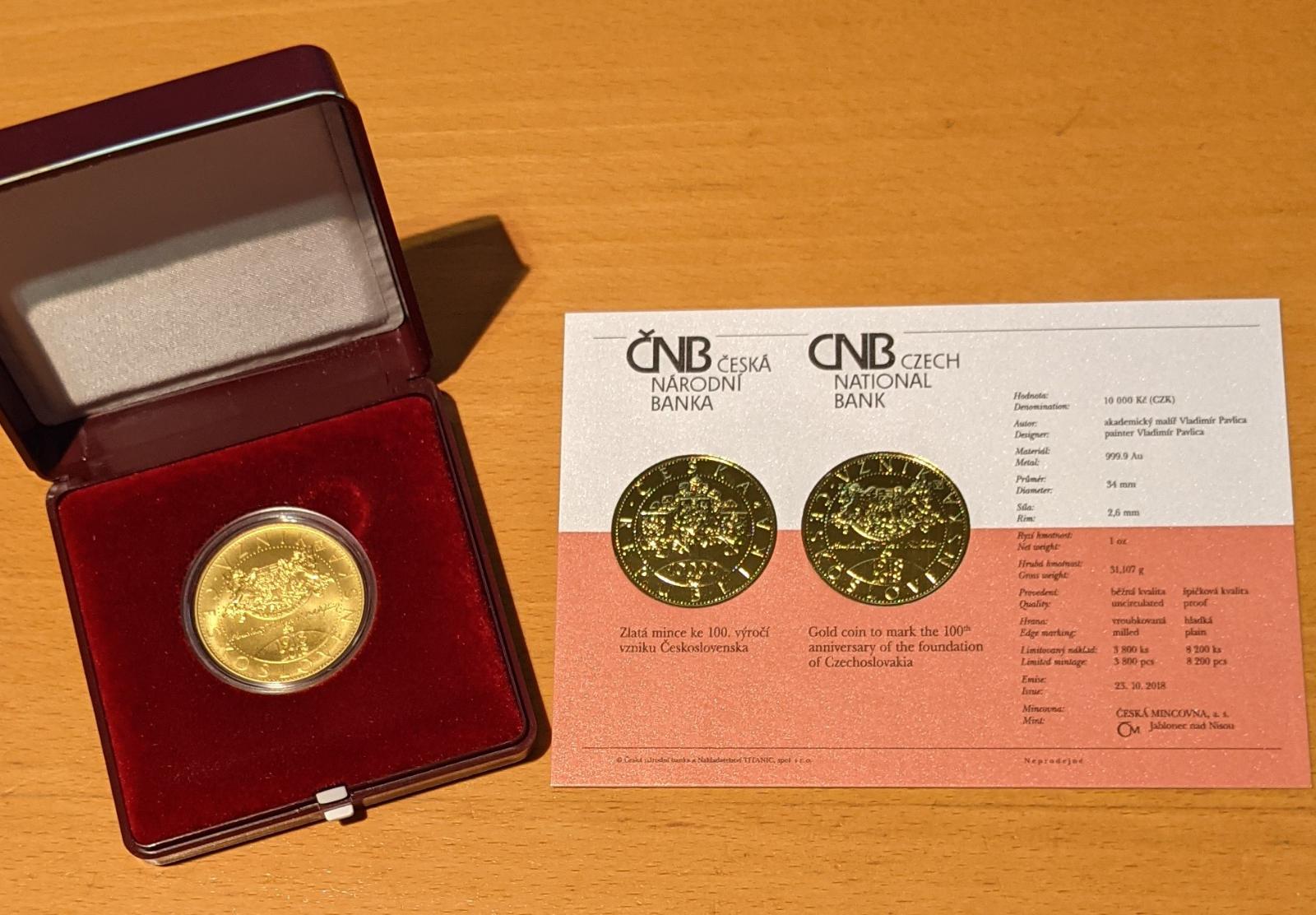 Mimoriadna razba: uncová minca ČNB 100. výročie vzniku ČSR b.k. - Numizmatika