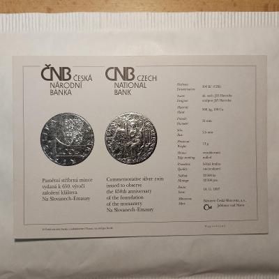 Certifikát ke stříbrné minci  200Kč založení kláštera Emauzy  BK