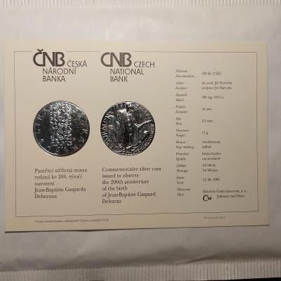 Certifikát ke stříbrné minci  200Kč nar.  Jean Baptista Deburana  BK