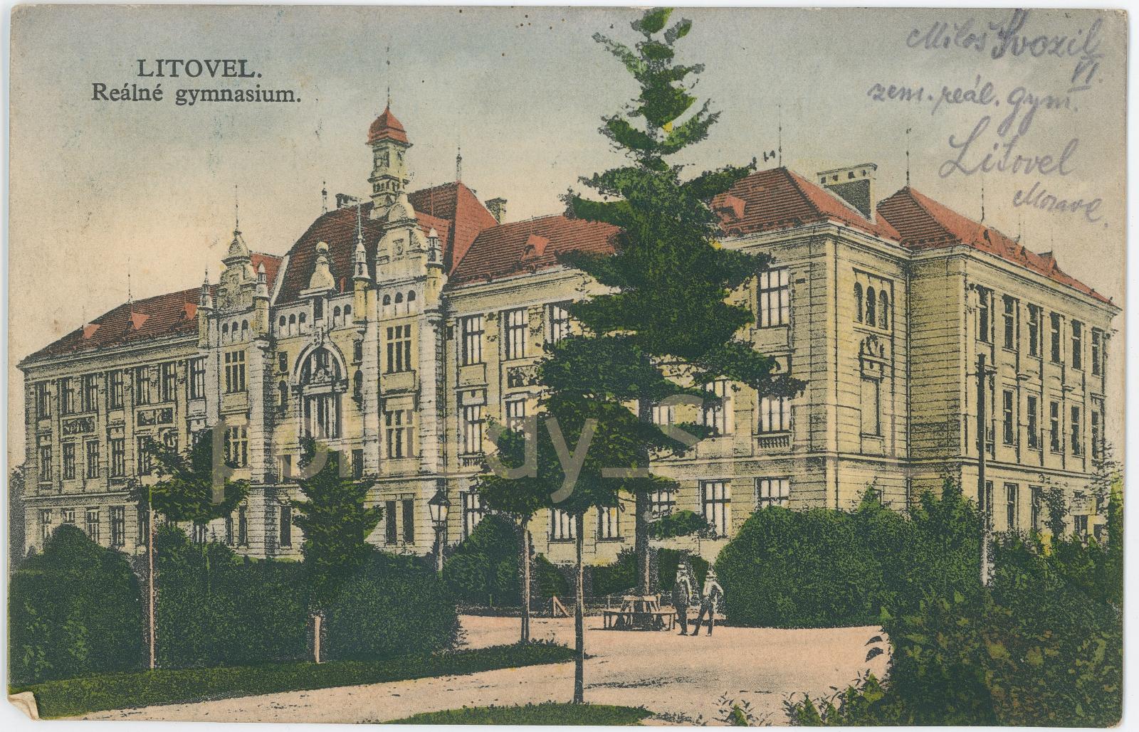 kolorovaná pohľadnica reálne gymnasium Litovel - Pohľadnice miestopis