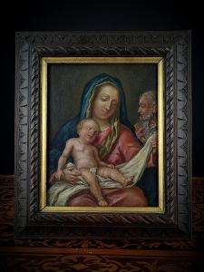 Krásný barokní obraz Madonny s Ježíškem na dřevě.