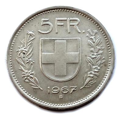 Švýcarsko, 5 frank 1967 B, velká stříbrná mince