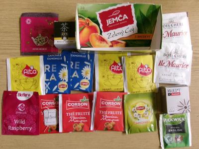 Sbírka krabička prázdné  obaly čaj mix svět Belgie Řecko Mauritius