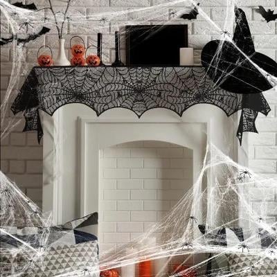 Výzdoba na Halloween - umělé pavučiny a pavouci + černá krajk. dekorac