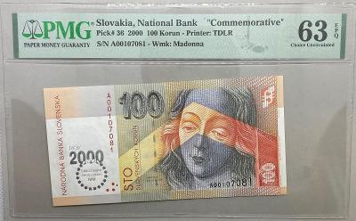 Vzácná slovenská bankovka Bimilénium 100 SK  PMG 63!