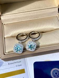 Náušnice diamantové modré 925 diamant moissanit moissanite 2 ct.