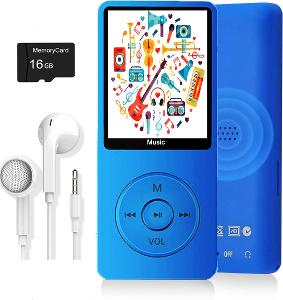 MP3 přehrávač, 16GB Micro SD karta, videa, FM rádio, modrá