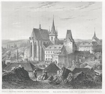 Slaný Pražská Brána , Mikovec, oceloryt 1860