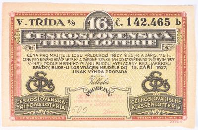 16. československá třídní loterie 1927 V.třída