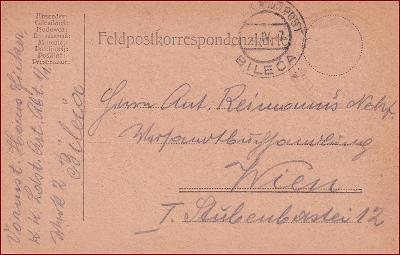 RU 1917 Feldpost Bileca * Feldpostkarte, razítko, regiment * F213