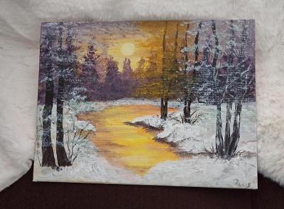 Zimní krajina akryl plátno na kartonu 18x24cm