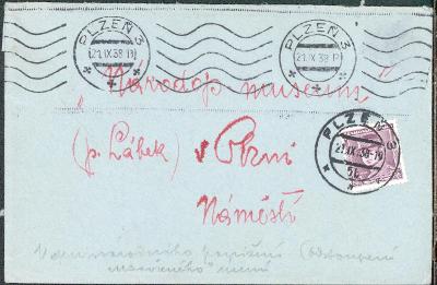 10B6688 Dopis Plzeň v místě, 21.9.1938 - 1. den vzniku Sudet - RR!