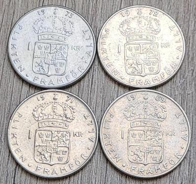 konvolut 4 mincí Švédsko 1 koruna 1969 - 1973