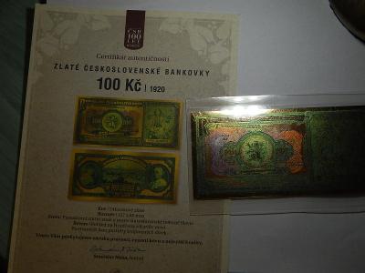 Československo zlatá bankovka 100 Kčs 1920 s certifikátem 