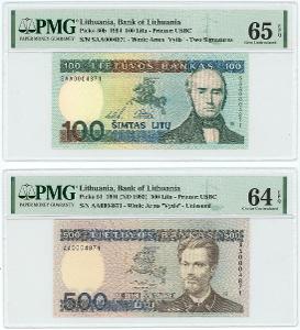Litva 100 - 500 - 1000 Litva 1991 -1994 Stejné číslo PMG 64-65 EPQ Gem