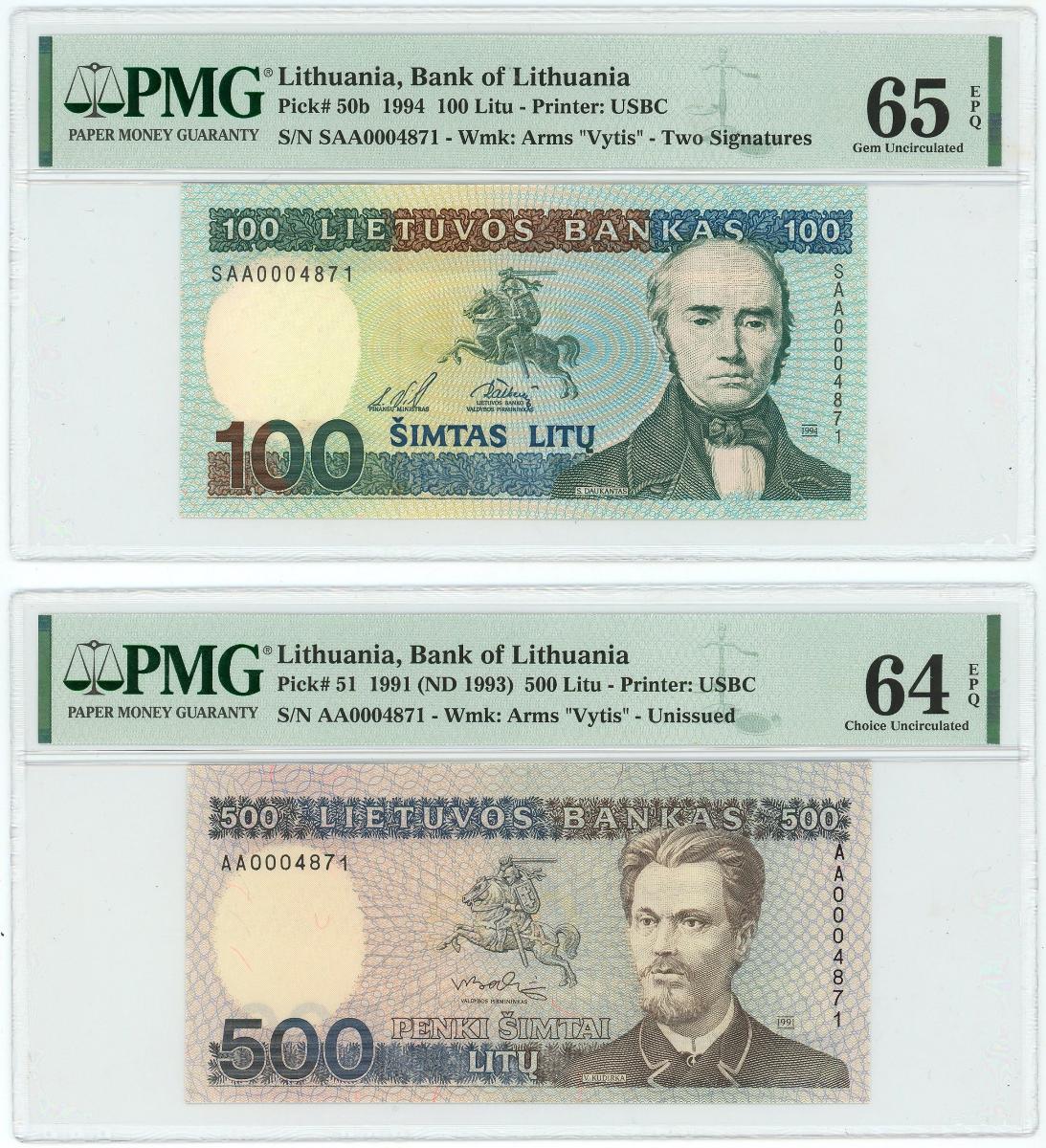 Litva 100 - 500 - 1000 Litva 1991 -1994 Rovnaké číslo PMG 64-65 EPQ Gem - Bankovky