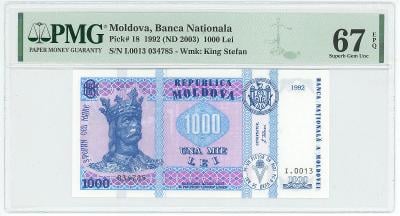 Moldavsko 1000 lei 1992 (2003) PMG 67EPQ Superb Gem UNC