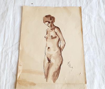 Stojící dívka  - akt - tuš - akvarel - signováno - rok 1938.